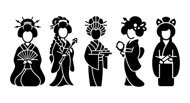 Five Japanese Geisha Icons, Traditional Kimono Figures, Elegant Cultural Symbols, Vector Set