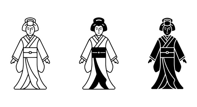 Japanese Geisha Icons, Traditional Kimono Figures, Elegant Cultural Vector Set