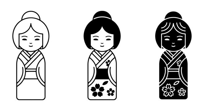 Japanese Kokeshi Dolls Vector Set: Traditional Geisha Figures, Cultural Icons, Outline & Silhouette