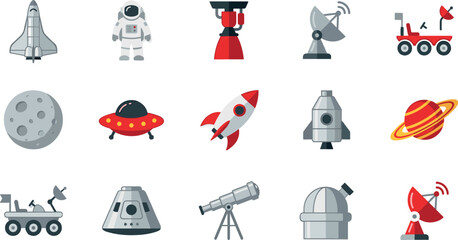 Flat Space Exploration Icon Set Featuring Astronaut, Rocket, Spaceship, Rover, Satellite Dish, Telescope, Planet, Moon, and Observatory Vectors © Shekhor studioBD