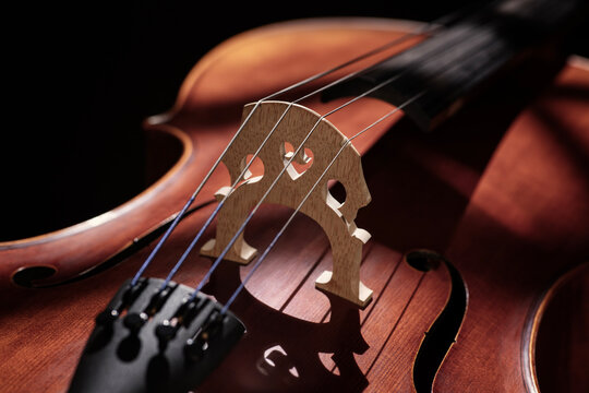 Cello close up on bridge against dark background for music concept