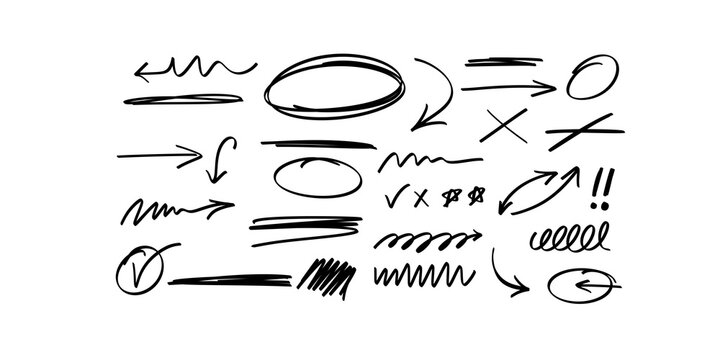 Black hand drawn sketch arrow and circle set on transparent background.