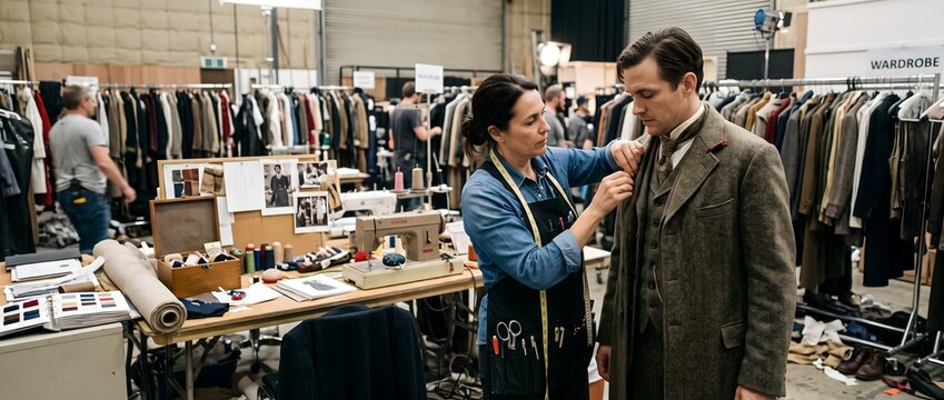 Skilled costume designer meticulously adjusts a sophisticated suit on a male talent during a detailed wardrobe fitting in a vibrant backstage costume department