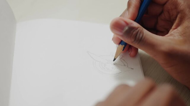 Black Boy Hand Drawing Sketch in Notebook with Pencil Closeup