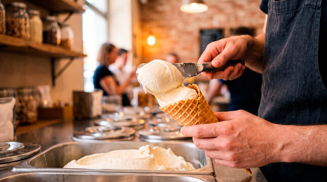 Hand putting ice cream into a cone at an ice cream shop