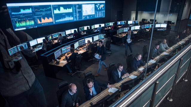 Colleagues talk in the foreground of a large command center with rows of operators monitoring a massive video wall of big data. Concept of NOC/SOC security operations, situational awareness, and incid