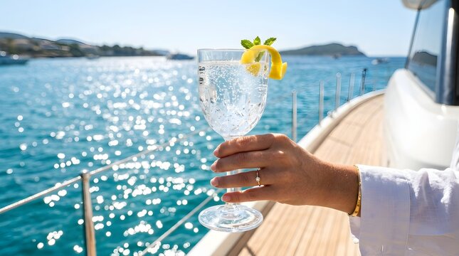 Hand Holding Glass With Lemon And Mint On Boat