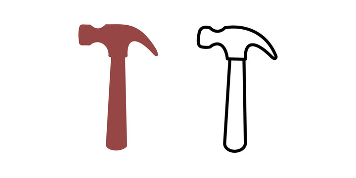 Red hammer icons solid and outline style for construction repair toolkit.