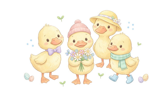 Cute cartoon ducklings with flowers and accessories isolated on transparent background