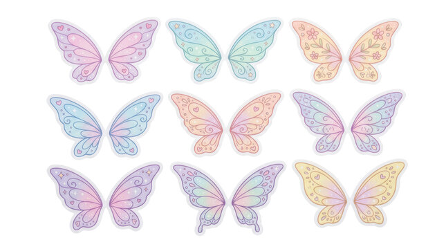 Set of cute pastel fairy wings isolated on transparent background