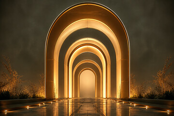 Fototapeta premium A modern, illuminated architectural archway stands as a dramatic entrance against a dark, moody sky.