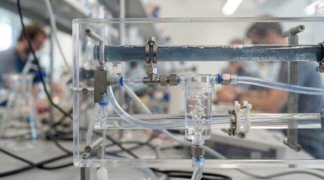 Desalination test setup with seawater and purified water tubing, bubble trap, clamp joints, and clear acrylic panel.
