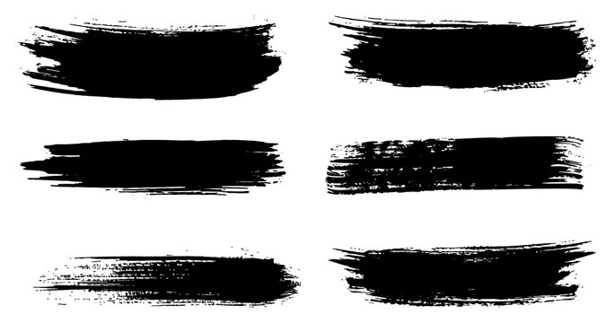 Set of abstract black grunge brush strokes and dry paint smears texture on transparent background vector png