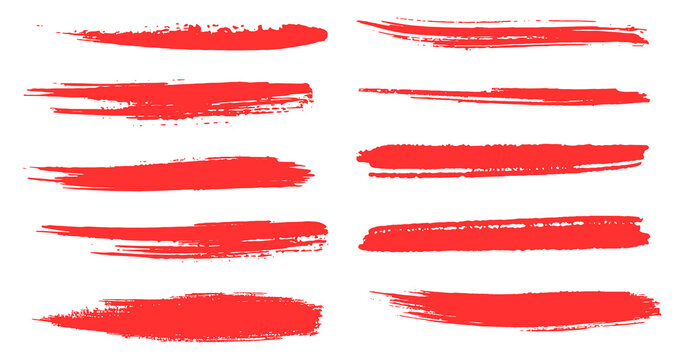 Set of abstract red grunge brush strokes and dry paint smears texture on transparent background vector png