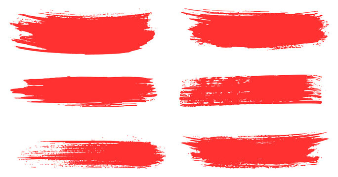 Set of abstract red grunge brush strokes and dry paint smears texture on transparent background vector png