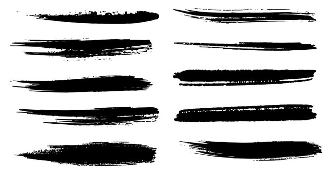 Set of abstract black grunge brush strokes and dry paint smears texture on transparent background vector png