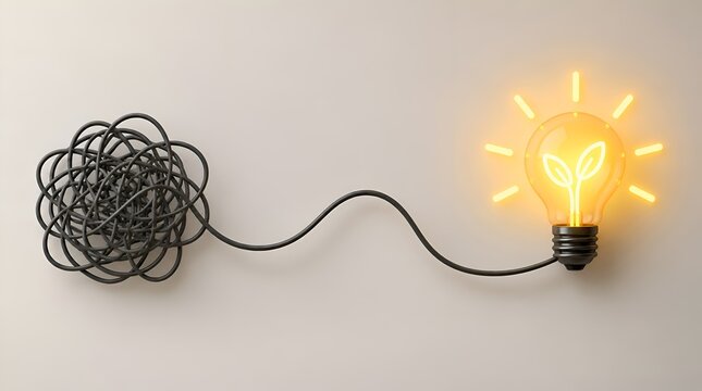 Conceptual 3D rendering of a tangled wire transforming into a straight line connected to a glowing light bulb with a leaf sprout inside, symbolizing sustainable ideas and solving complexity.