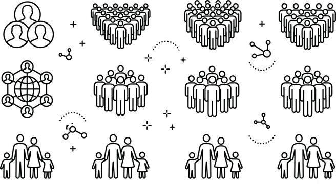 Global community business team and family line icons set representing crowd network demographic data corporate structure and social grouping