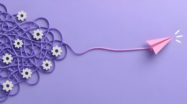 Abstract 3D render of tangled wires and gears evolving into a straight path and a paper plane, symbolizing innovative problem solving and simplified business strategy on purple background.