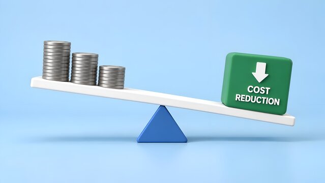 3D illustration of a seesaw balancing stacks of silver coins against a green cost reduction block, symbolizing corporate financial optimization and expense management strategies on blue background.