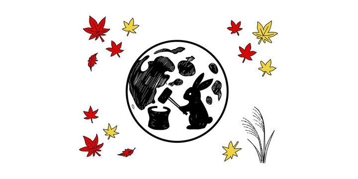Moon rabbit pounding rice cake with autumn maple leaves and grass art.