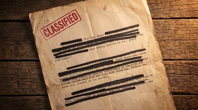 Classified top secret document with redacted text, vintage government file on wooden desk, antique confidential paper with red stamp