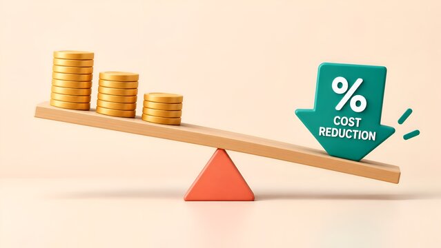 3D render of cost reduction concept featuring gold coin stacks and a green downward arrow on a seesaw, symbolizing financial savings and business efficiency on a clean background.