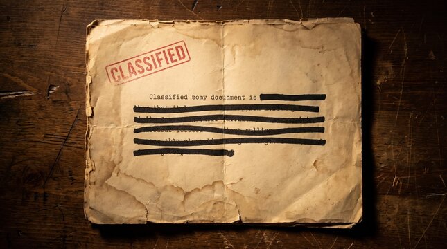Vintage classified document with redacted text, secret government file on wooden desk, aged paper with red stamp