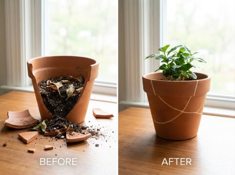 before-and-after repair concept without text Broken terracotta pot repaired with kintsugi holding a green plant on window