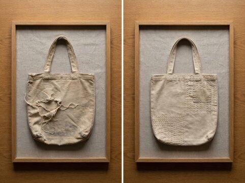 before-and-after repair concept without text Two framed tote bags mounted on a textured wall in a wooden frame.