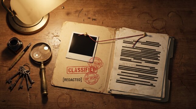 Vintage classified folder with redacted documents, top secret evidence file on wooden desk, mystery investigation concept