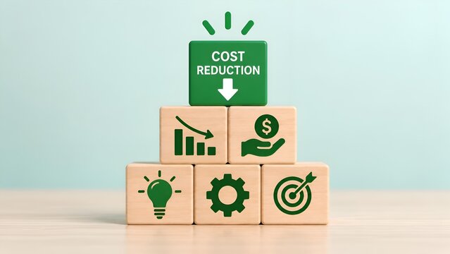 Business concept for cost reduction showing wooden blocks with icons representing ideas, operations, and financial savings against a clean background.