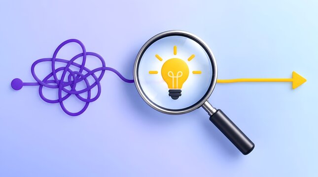 Conceptual illustration of a magnifying glass transforming a tangled path into a straight arrow with a glowing lightbulb, representing creative problem solving and finding clear solutions.
