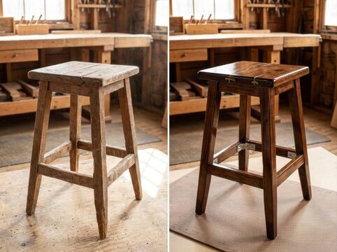 before-and-after repair concept without text Wooden stool with four legs displayed in a rustic workshop setting.