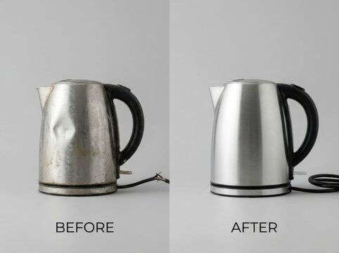 before-and-after repair concept without text Comparison of a rusty electric kettle and the same kettle cleaned to a shiny finish.