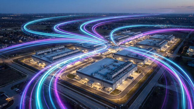Aerial drone view of a hyperscale data center campus at night, connected by glowing fiber optic light trails. Concept of cloud computing and global network connectivity.