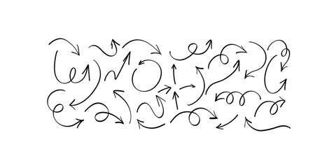 Black thin line hand drawn curved arrow set for flowcharts and design. © Naqeeb