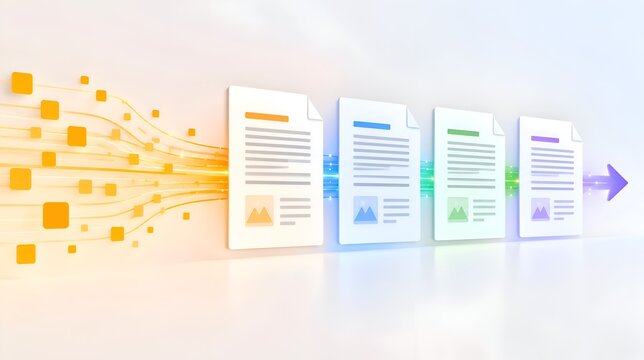 Abstract digital workflow showing document icons and data streams in a processing sequence for automation and cloud management concepts.