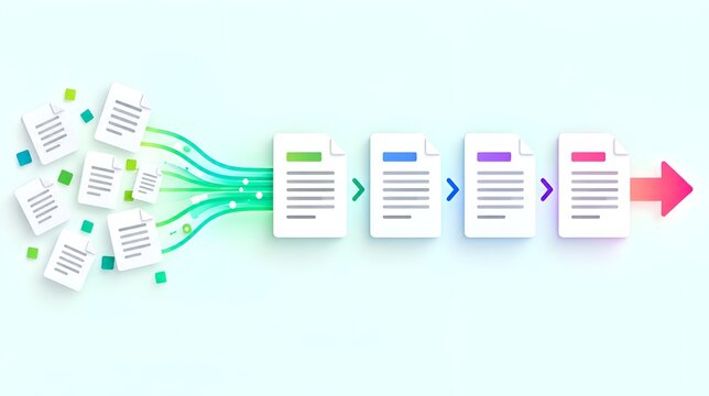 Abstract digital document workflow and data processing automation concept. Illustration showing files being organized into a structured sequence and streamlined business management system.
