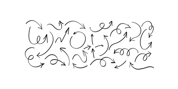 Black thin line hand drawn curved arrow set for flowcharts and design.