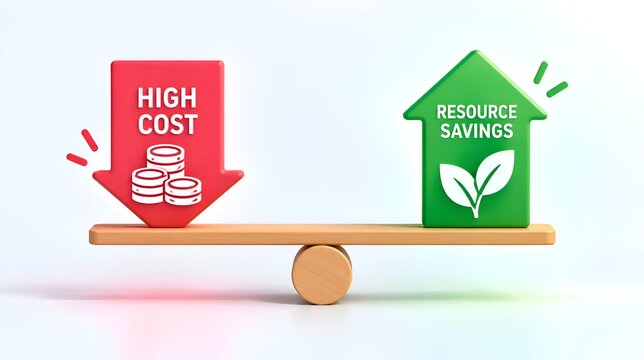 3D conceptual illustration of a wooden seesaw balancing a red arrow for high cost reduction against a green arrow for resource savings, representing financial efficiency and sustainability.