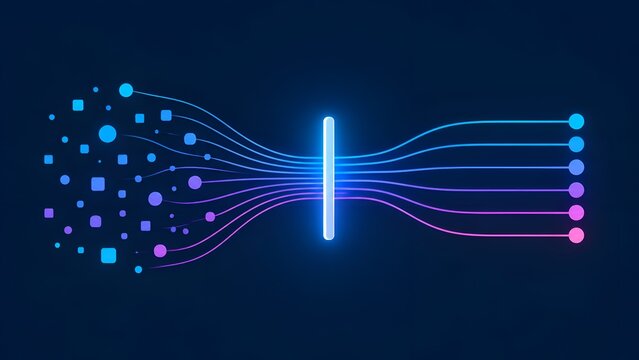 Abstract artificial intelligence data processing flow with digital particles filtering into structured neural network lines on dark blue background.