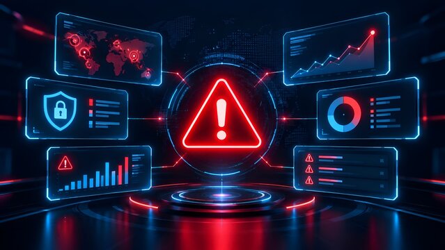Cybersecurity digital dashboard with red warning icon and global data monitoring graphics for system alert concepts.