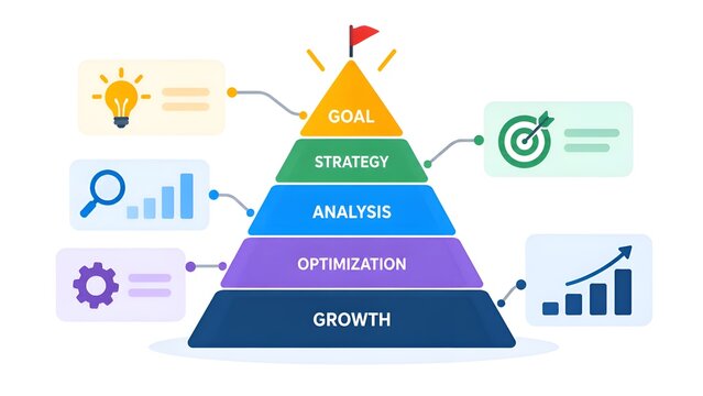 Business growth strategy pyramid infographic featuring goal, strategy, analysis, optimization, and growth stages with colorful icons for corporate planning and marketing concepts.