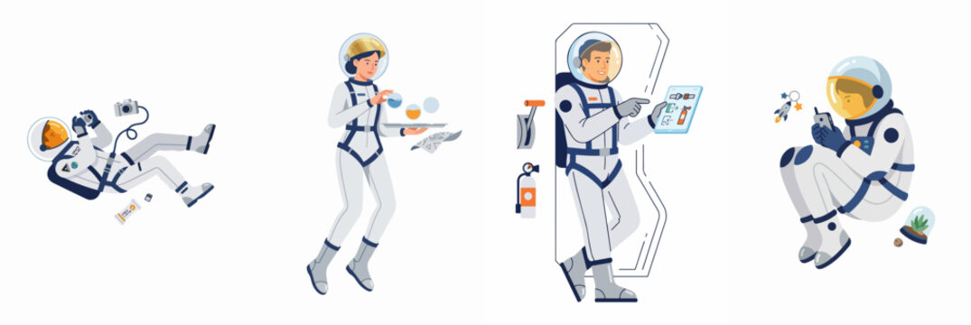 A collection of flat vector illustrations featuring astronauts in spacesuits engaged in activities like photography, research, and using technology in space.