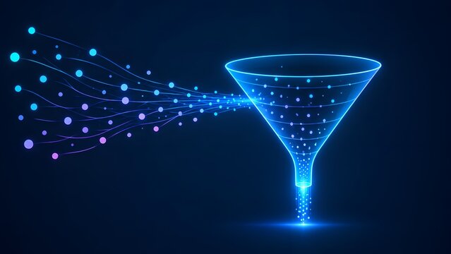 Digital funnel concept featuring glowing blue particles and light trails representing data processing and sales conversion analytics on dark background.