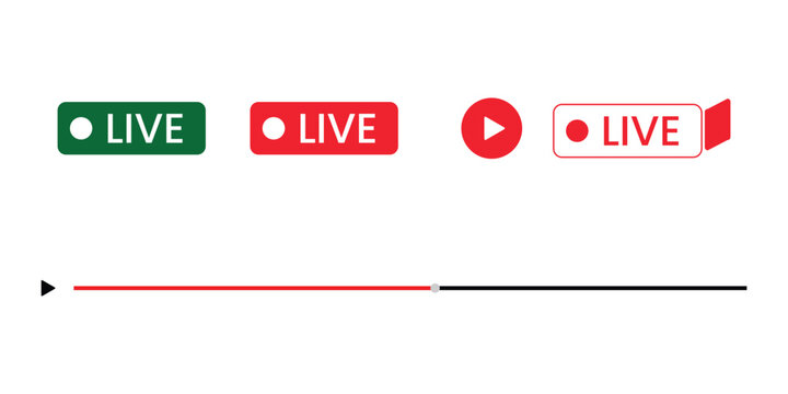Collection of modern live streaming icons and a video player progress bar, indicating real-time online broadcast and digital content playback on a clean white background.