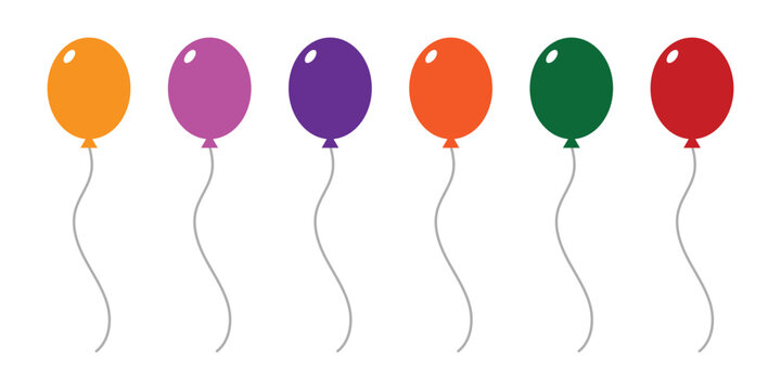 A vibrant collection of six colorful balloons in orange, purple, red, and green, floating cheerfully, perfect for festive celebrations and party decorations on a white background.