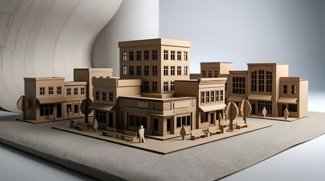 Detailed miniature cardboard city model featuring urban streets, generic buildings, and tiny figures for architectural planning and community development concepts.
