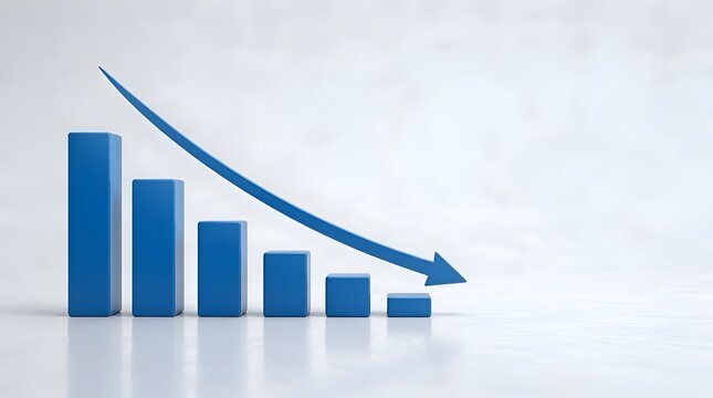 3D blue bar chart showing a sharp downward trend with a falling arrow, representing financial loss, economic recession, or bearish market performance on a light background.